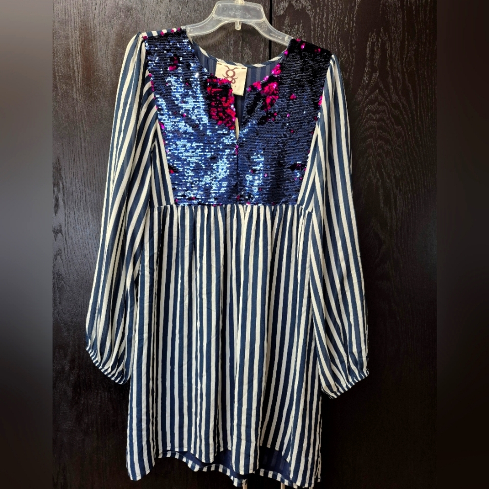 FIGUE Striped Blue White Pink Sequin  Dress SZ XL.  New With Tags